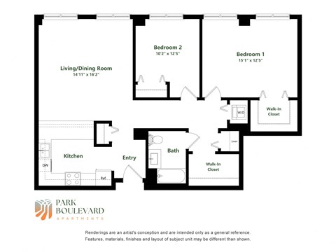 Floor plan for 2 beds, 1 bath